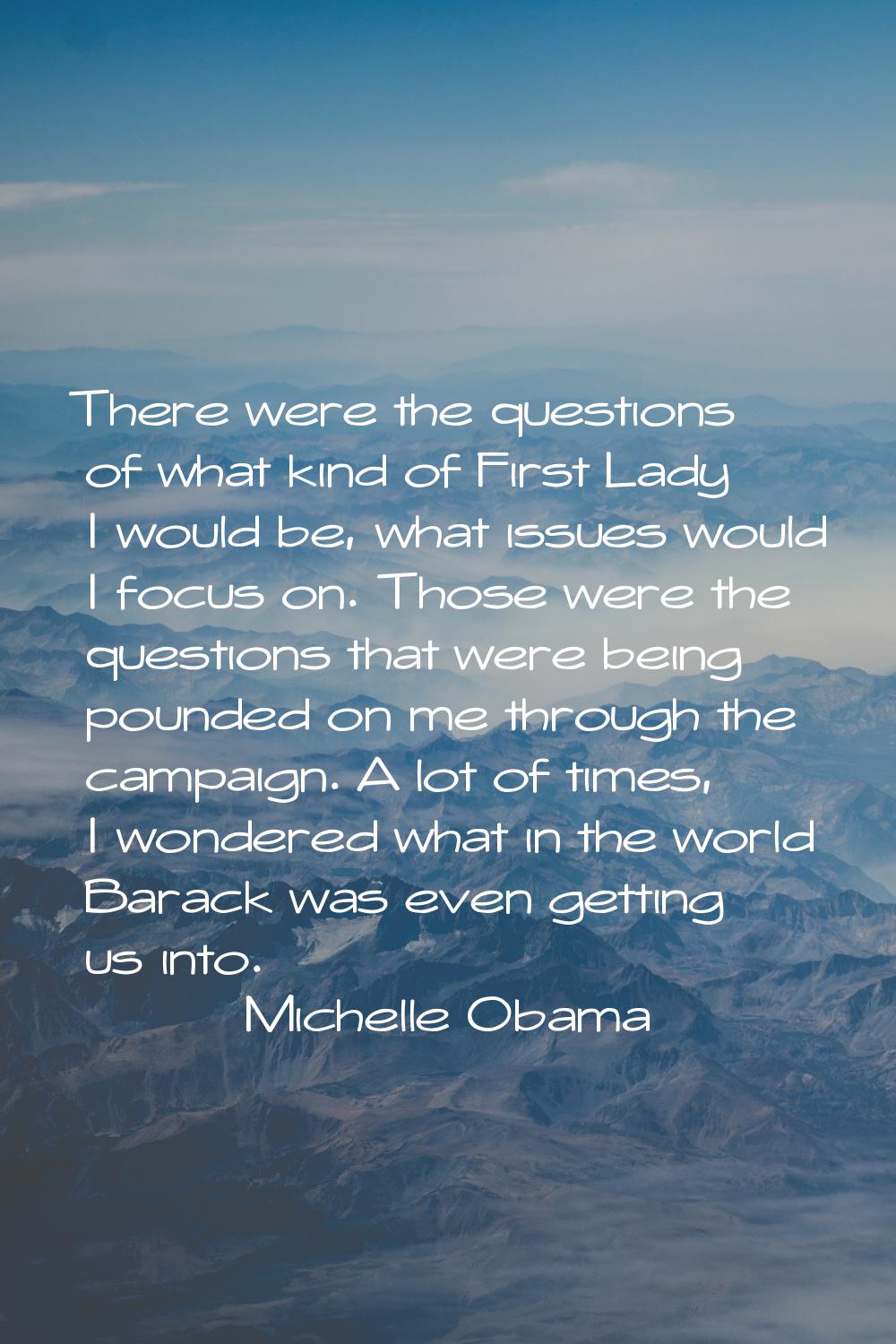 There were the questions of what kind of First Lady I would be, what issues would I focus on. Those