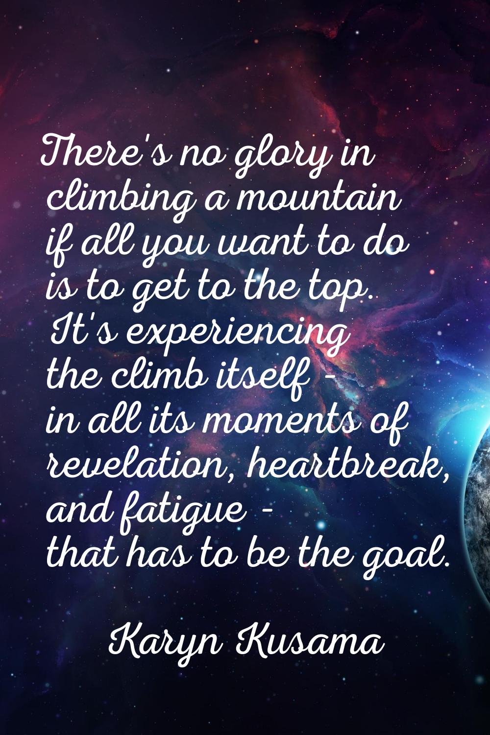 There's no glory in climbing a mountain if all you want to do is to get to the top. It's experienci