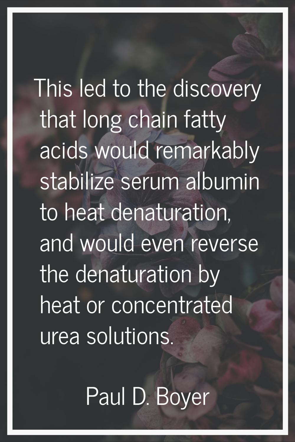 This led to the discovery that long chain fatty acids would remarkably stabilize serum albumin to h