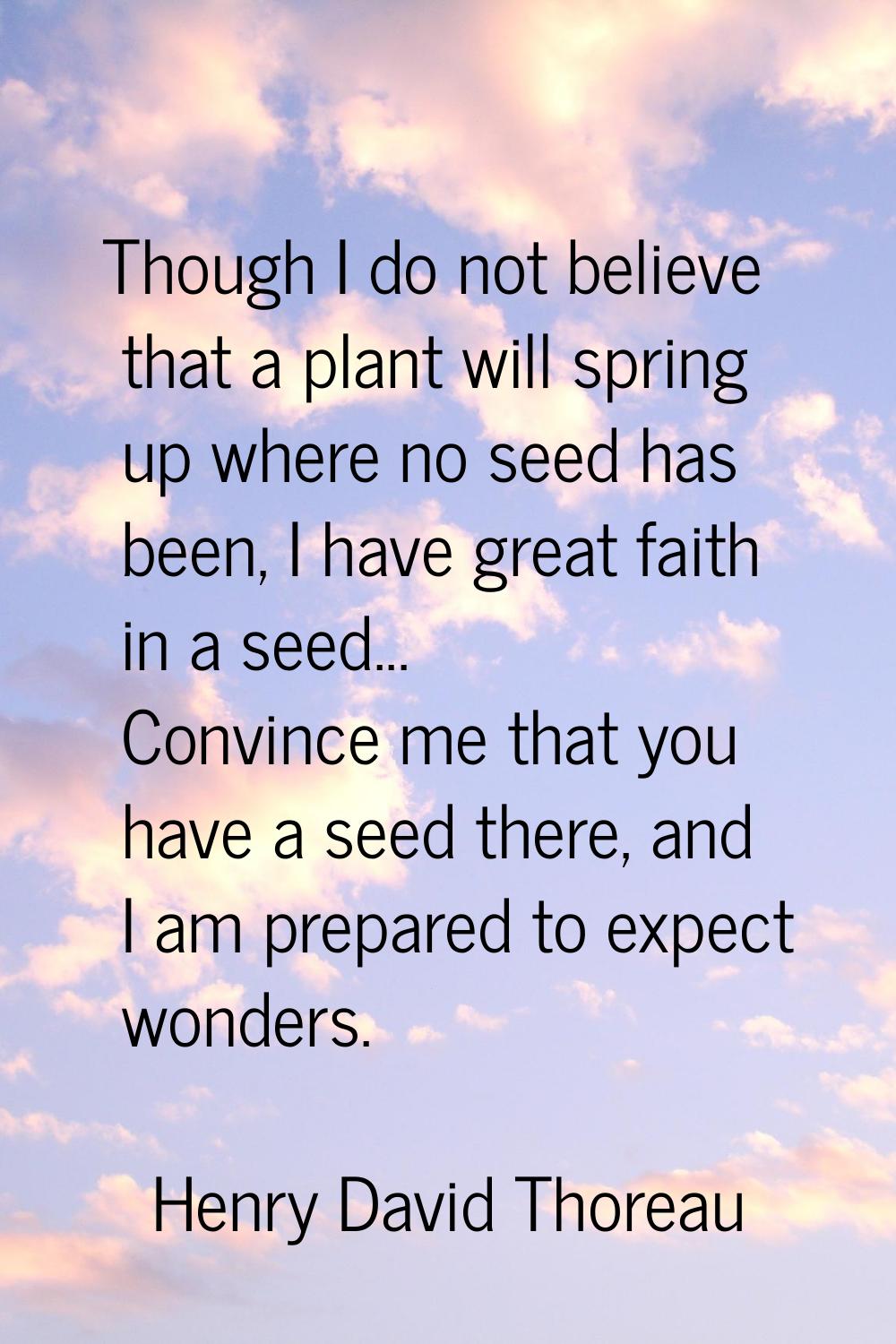 Though I do not believe that a plant will spring up where no seed has been, I have great faith in a
