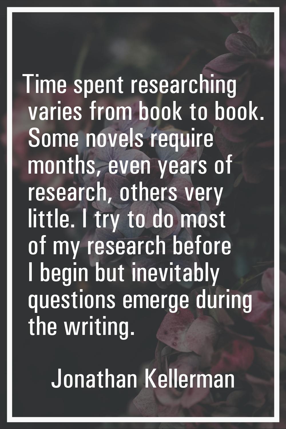 Time spent researching varies from book to book. Some novels require months, even years of research