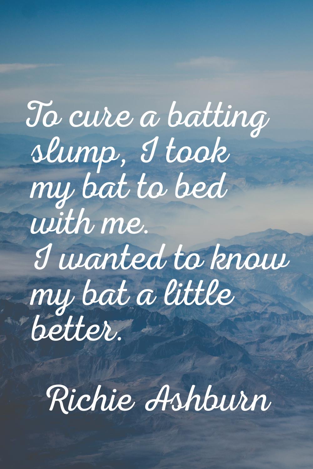 To cure a batting slump, I took my bat to bed with me. I wanted to know my bat a little better.