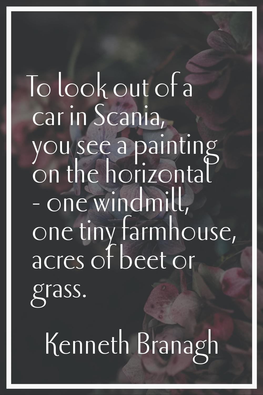To look out of a car in Scania, you see a painting on the horizontal - one windmill, one tiny farmh