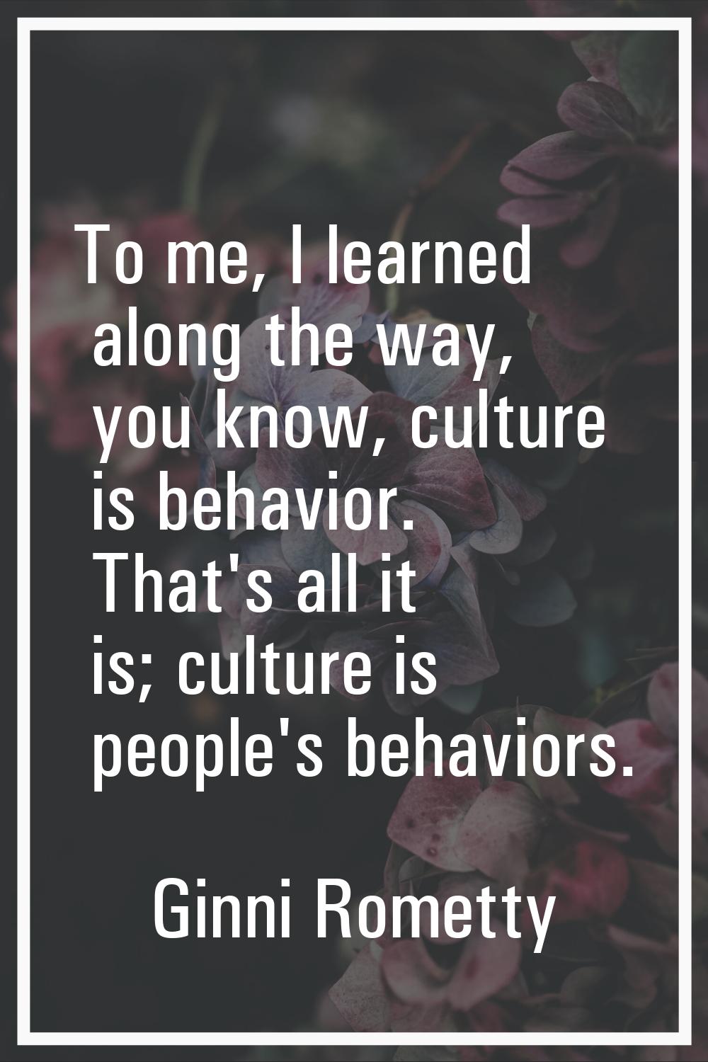 To me, I learned along the way, you know, culture is behavior. That's all it is; culture is people'