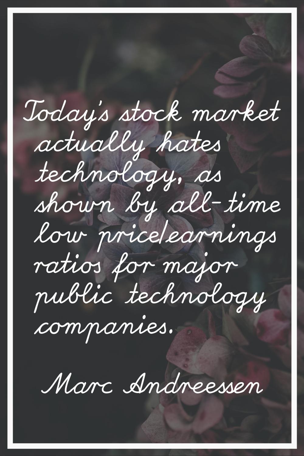 Today's stock market actually hates technology, as shown by all-time low price/earnings ratios for 