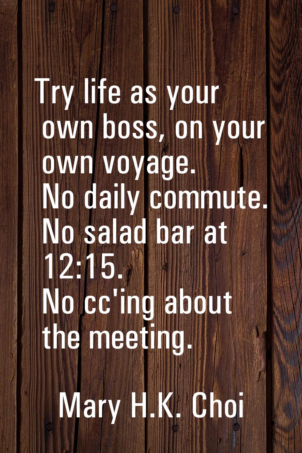 Try life as your own boss, on your own voyage. No daily commute. No salad bar at 12:15. No cc'ing a