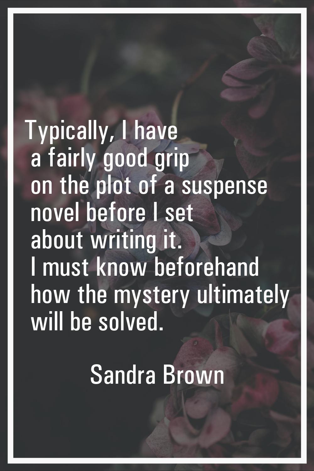 Typically, I have a fairly good grip on the plot of a suspense novel before I set about writing it.