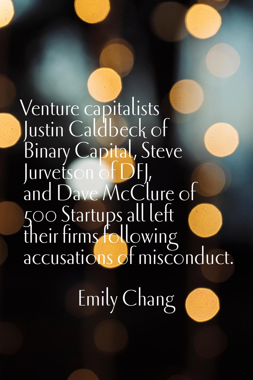 Venture capitalists Justin Caldbeck of Binary Capital, Steve Jurvetson of DFJ, and Dave McClure of 