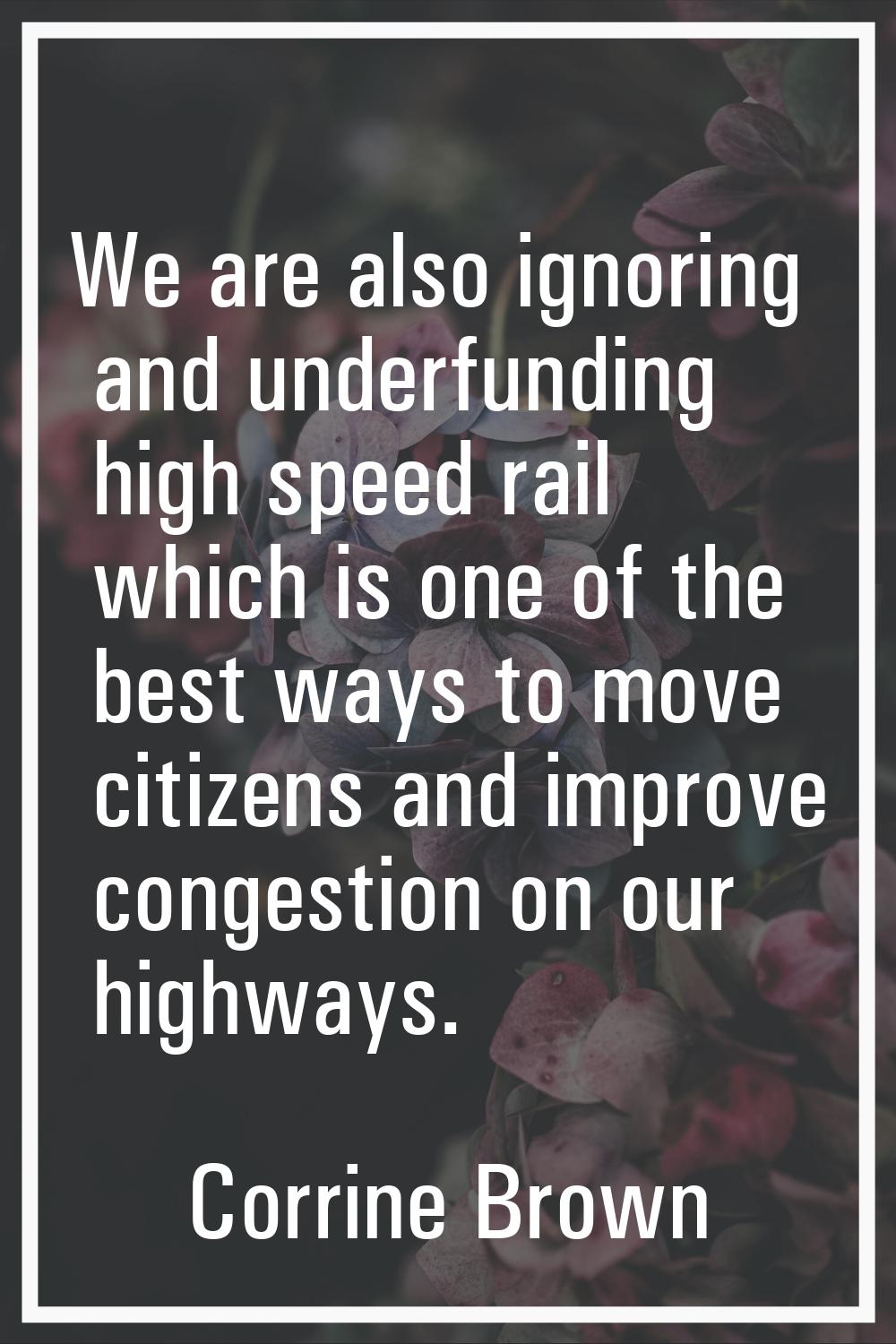 We are also ignoring and underfunding high speed rail which is one of the best ways to move citizen