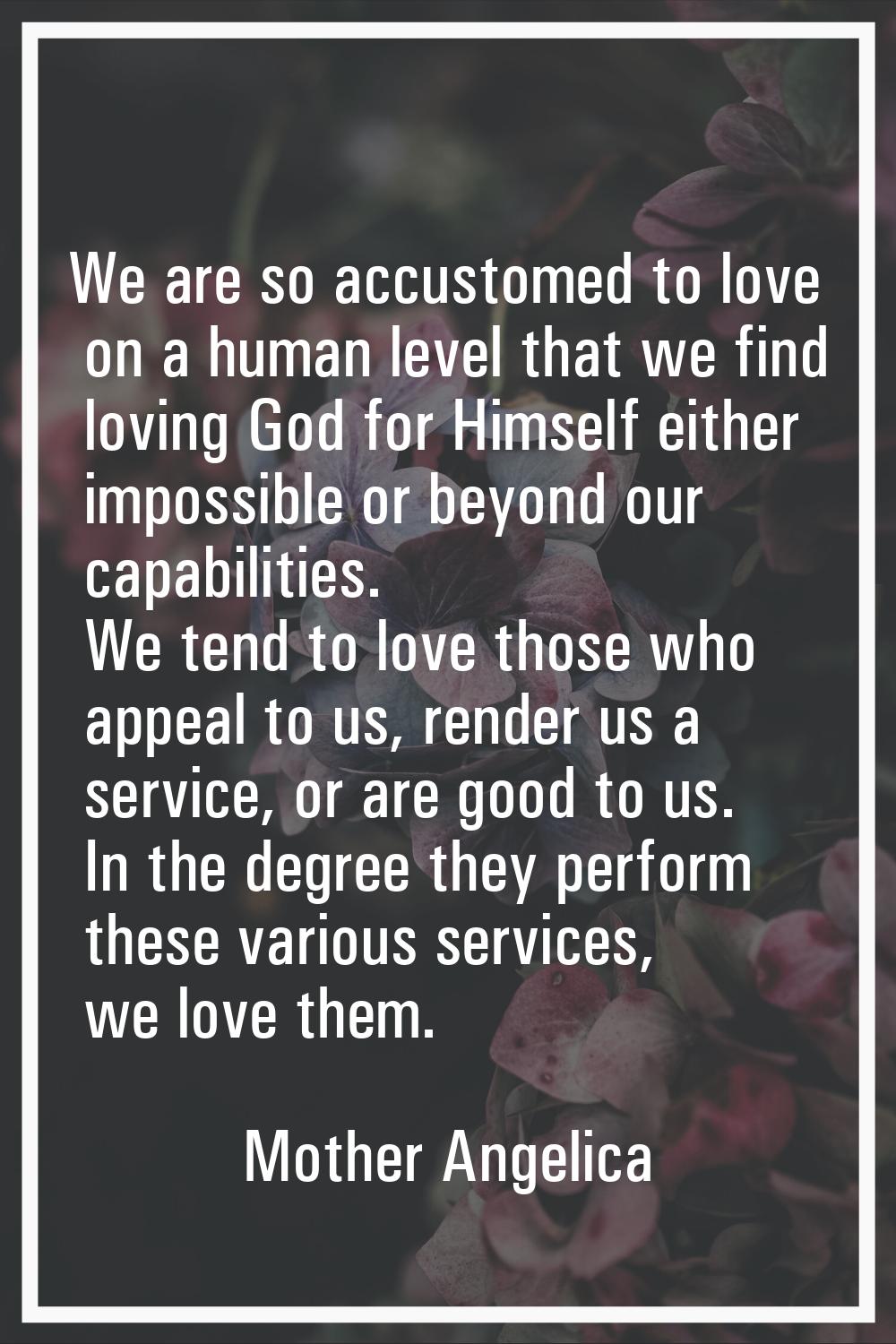 We are so accustomed to love on a human level that we find loving God for Himself either impossible