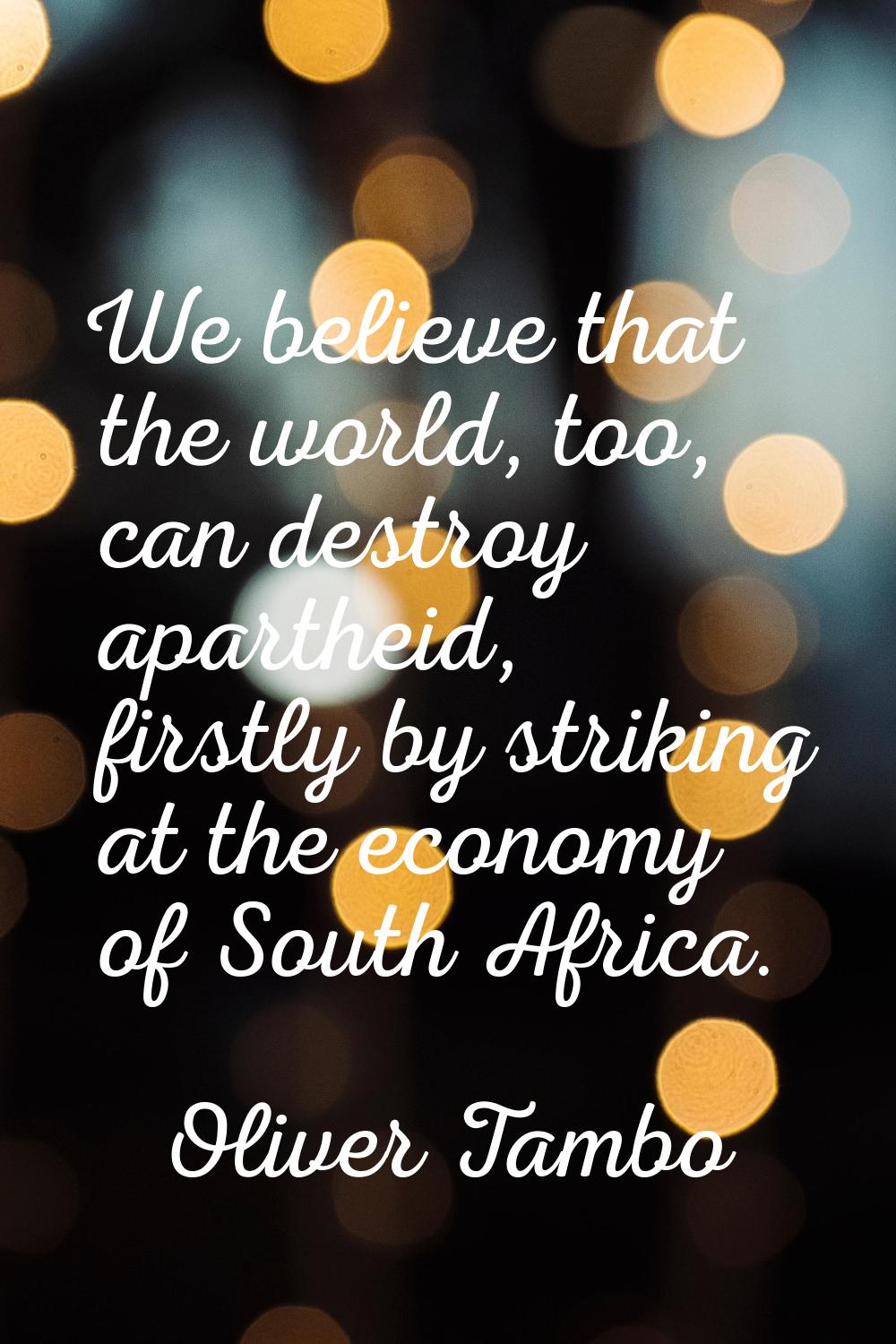 We believe that the world, too, can destroy apartheid, firstly by striking at the economy of South 