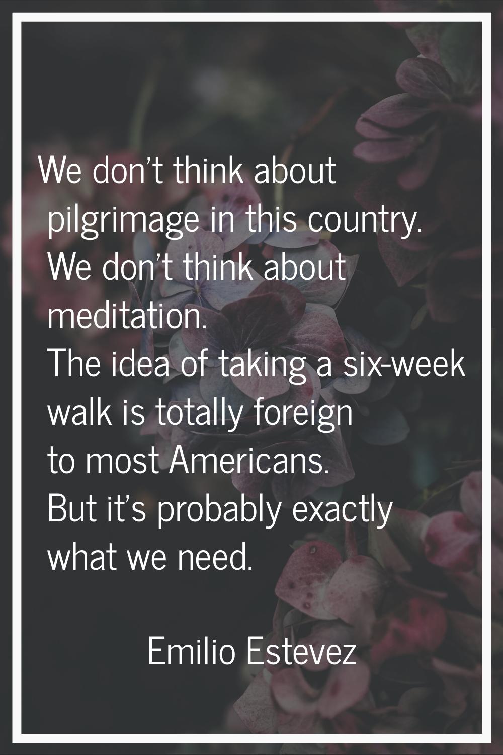 We don't think about pilgrimage in this country. We don't think about meditation. The idea of takin