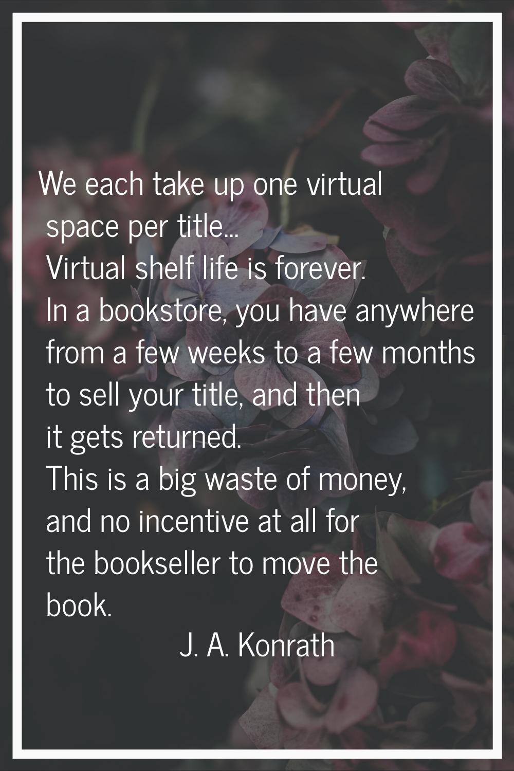 We each take up one virtual space per title... Virtual shelf life is forever. In a bookstore, you h