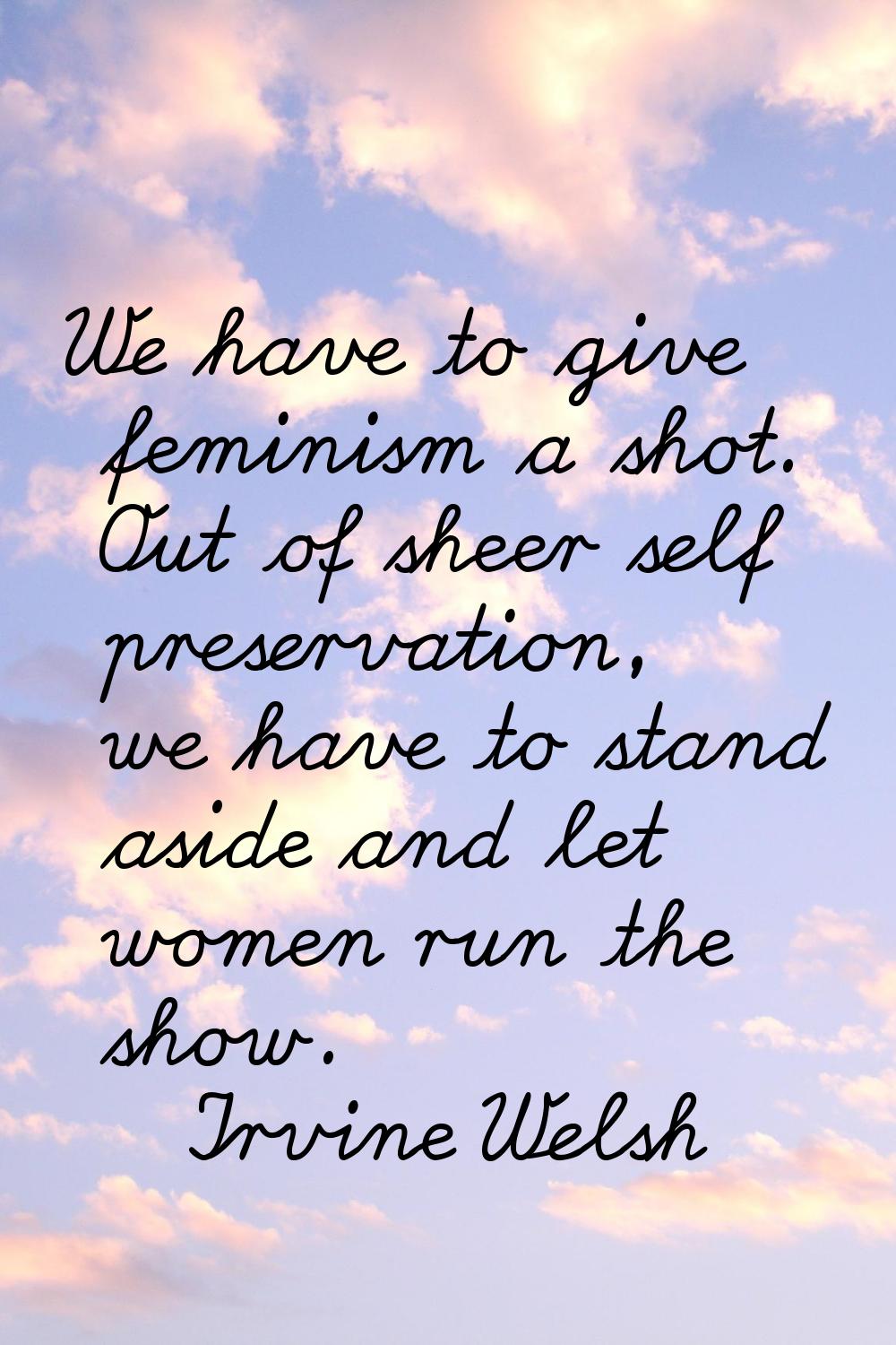 We have to give feminism a shot. Out of sheer self preservation, we have to stand aside and let wom