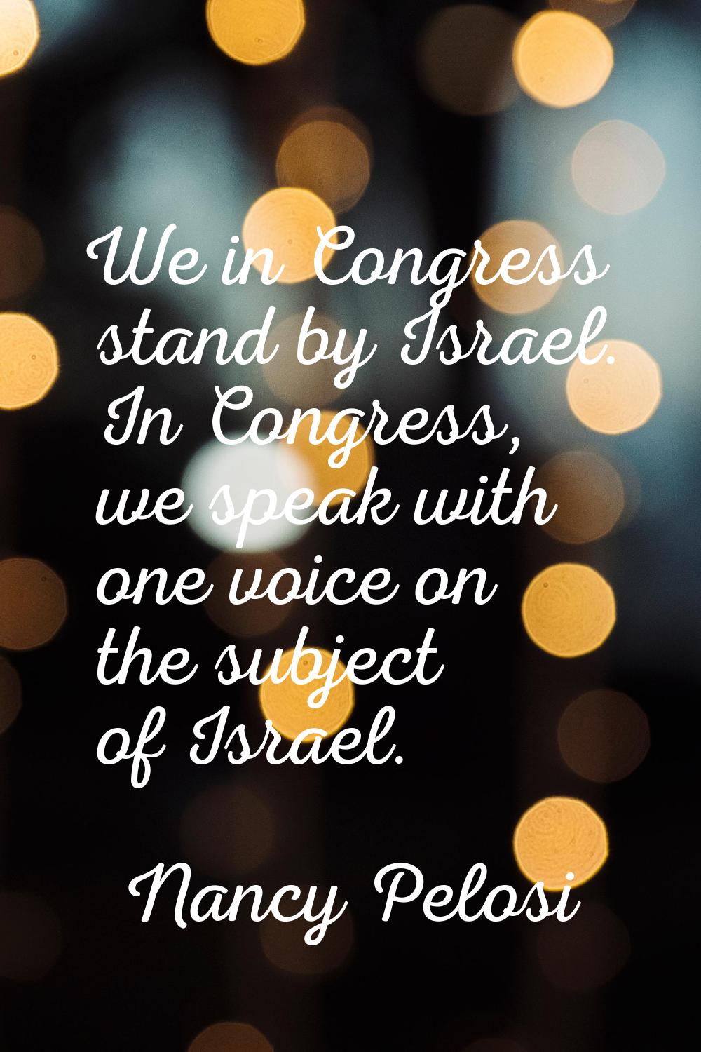 We in Congress stand by Israel. In Congress, we speak with one voice on the subject of Israel.