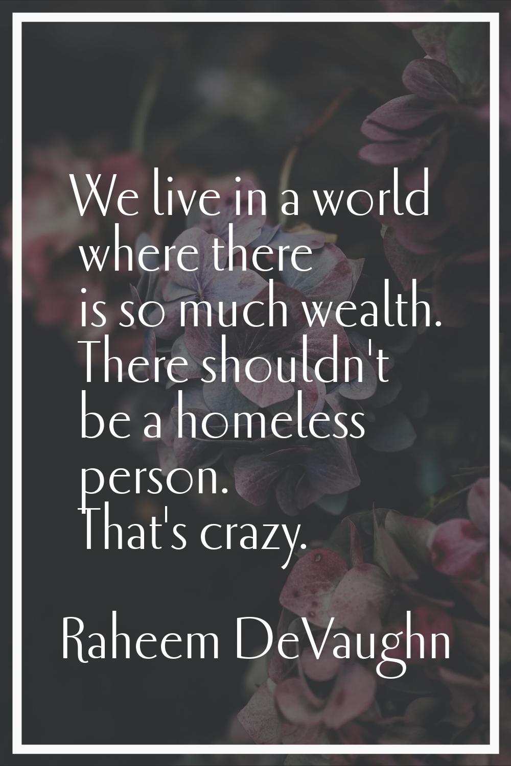 We live in a world where there is so much wealth. There shouldn't be a homeless person. That's craz