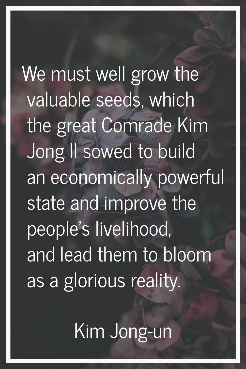 We must well grow the valuable seeds, which the great Comrade Kim Jong Il sowed to build an economi