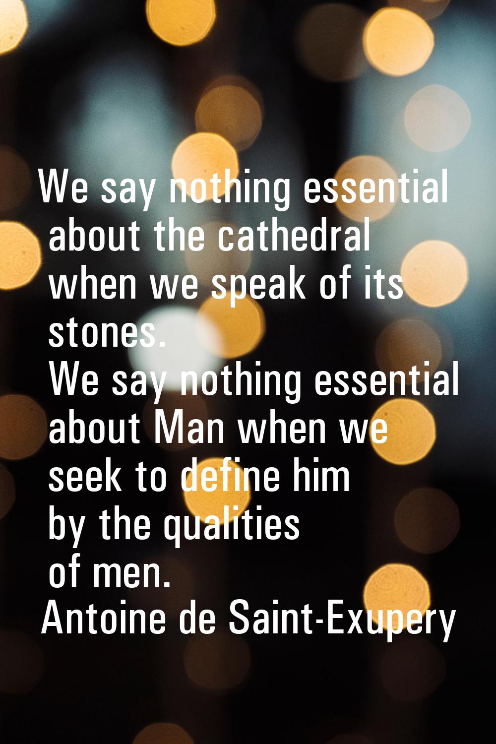 We say nothing essential about the cathedral when we speak of its stones. We say nothing essential 
