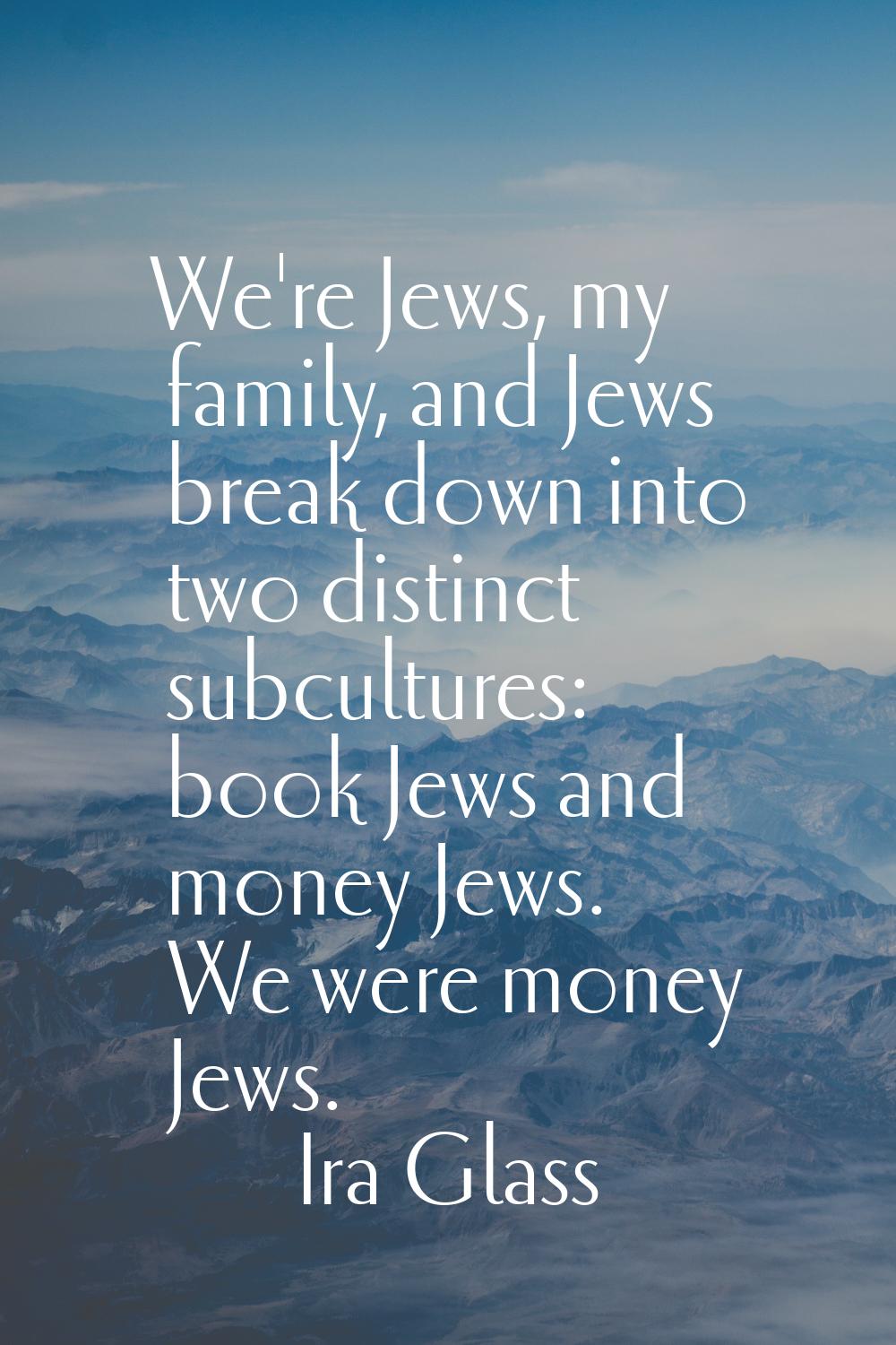 We're Jews, my family, and Jews break down into two distinct subcultures: book Jews and money Jews.