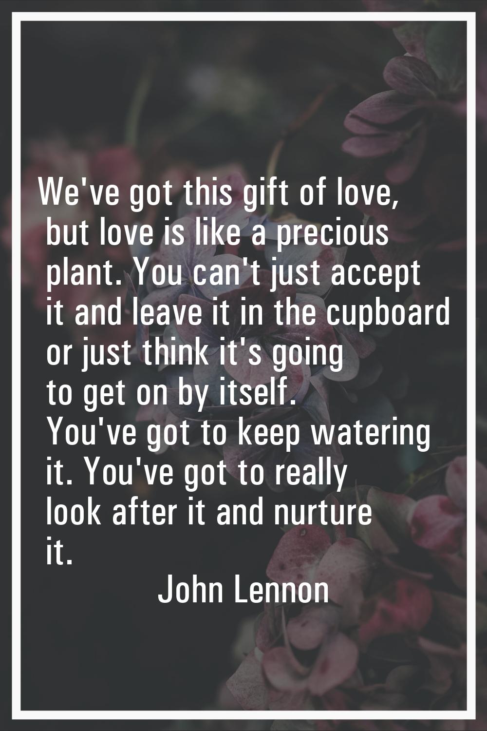 We've got this gift of love, but love is like a precious plant. You can't just accept it and leave 