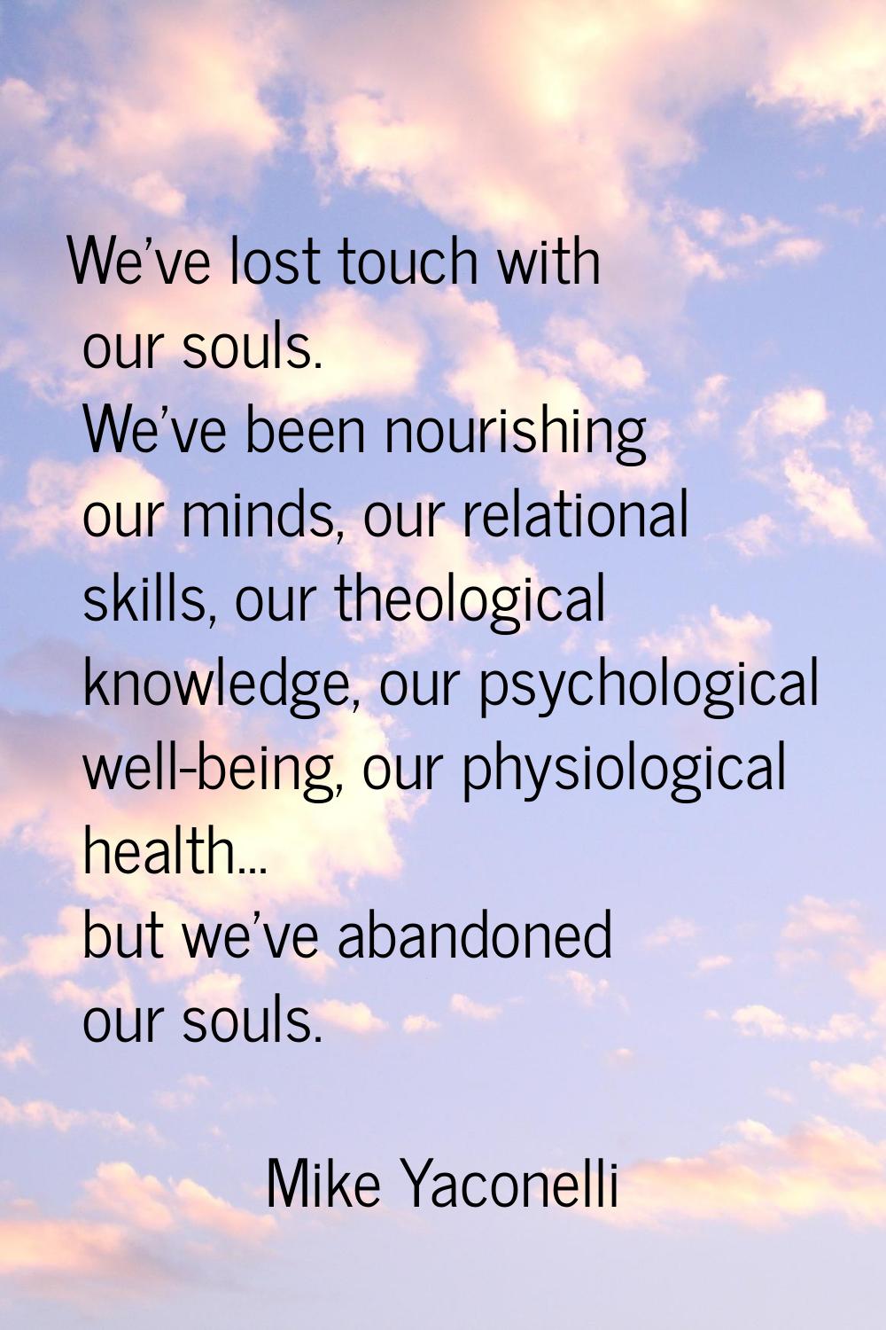 We've lost touch with our souls. We've been nourishing our minds, our relational skills, our theolo
