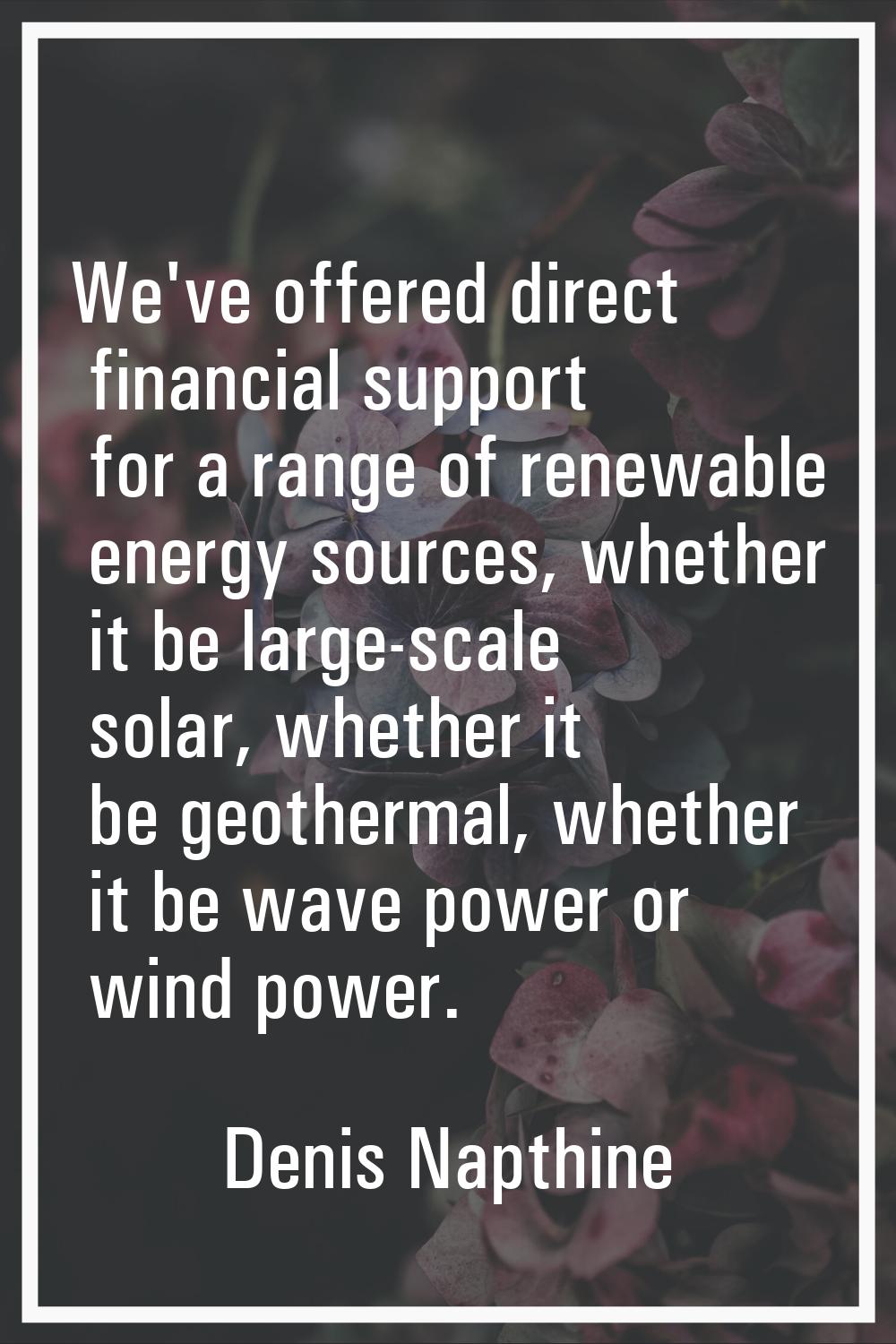 We've offered direct financial support for a range of renewable energy sources, whether it be large