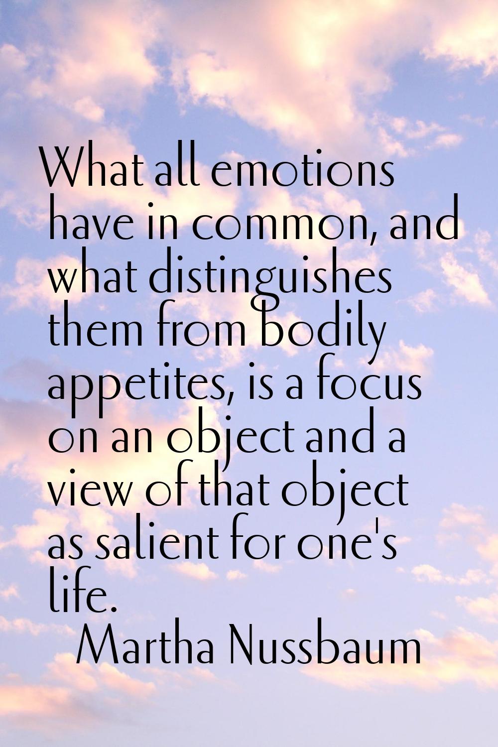 What all emotions have in common, and what distinguishes them from bodily appetites, is a focus on 