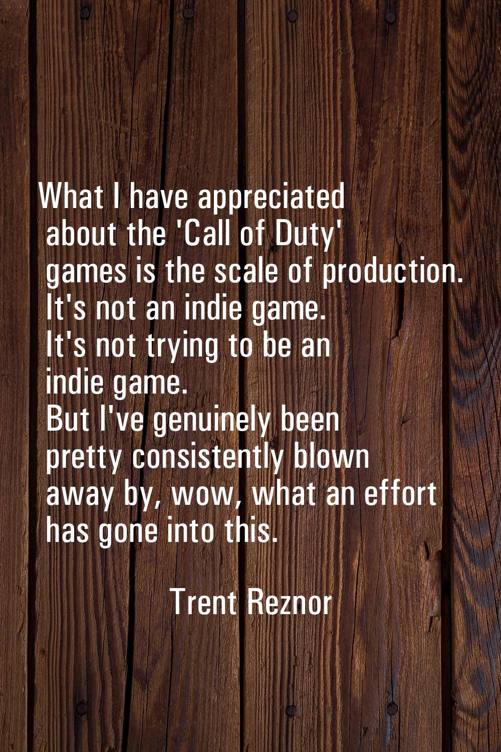 What I have appreciated about the 'Call of Duty' games is the scale of production. It's not an indi
