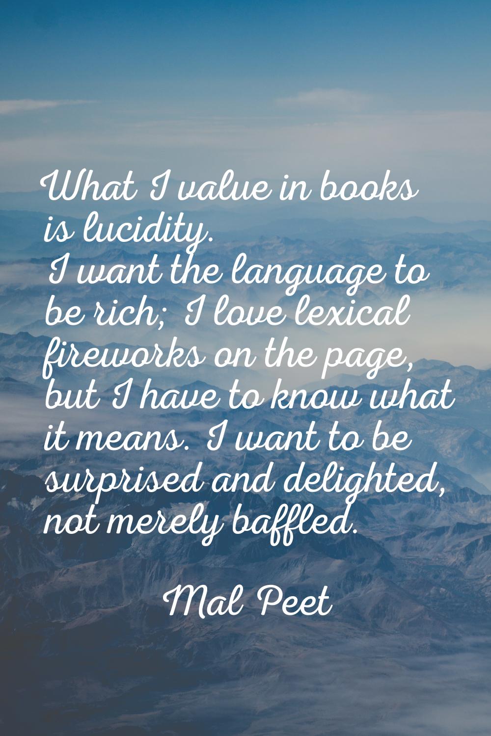 What I value in books is lucidity. I want the language to be rich; I love lexical fireworks on the 