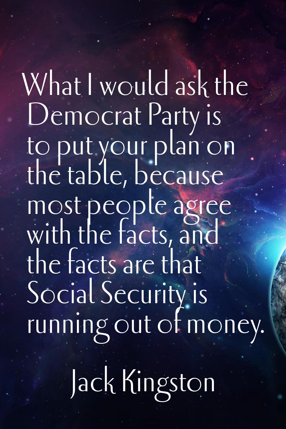 What I would ask the Democrat Party is to put your plan on the table, because most people agree wit