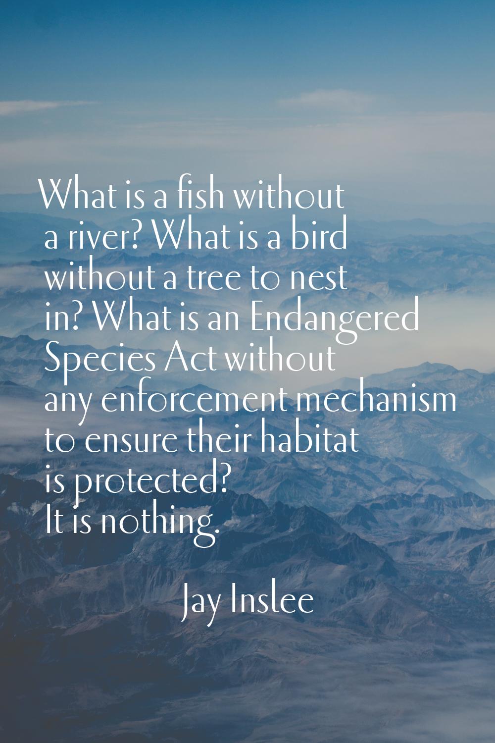 What is a fish without a river? What is a bird without a tree to nest in? What is an Endangered Spe