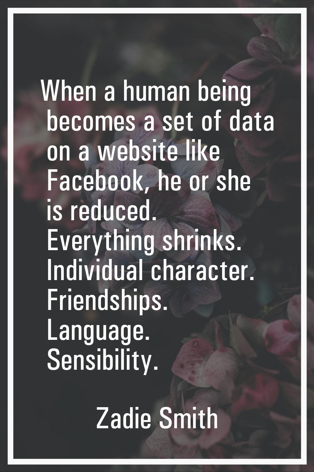 When a human being becomes a set of data on a website like Facebook, he or she is reduced. Everythi