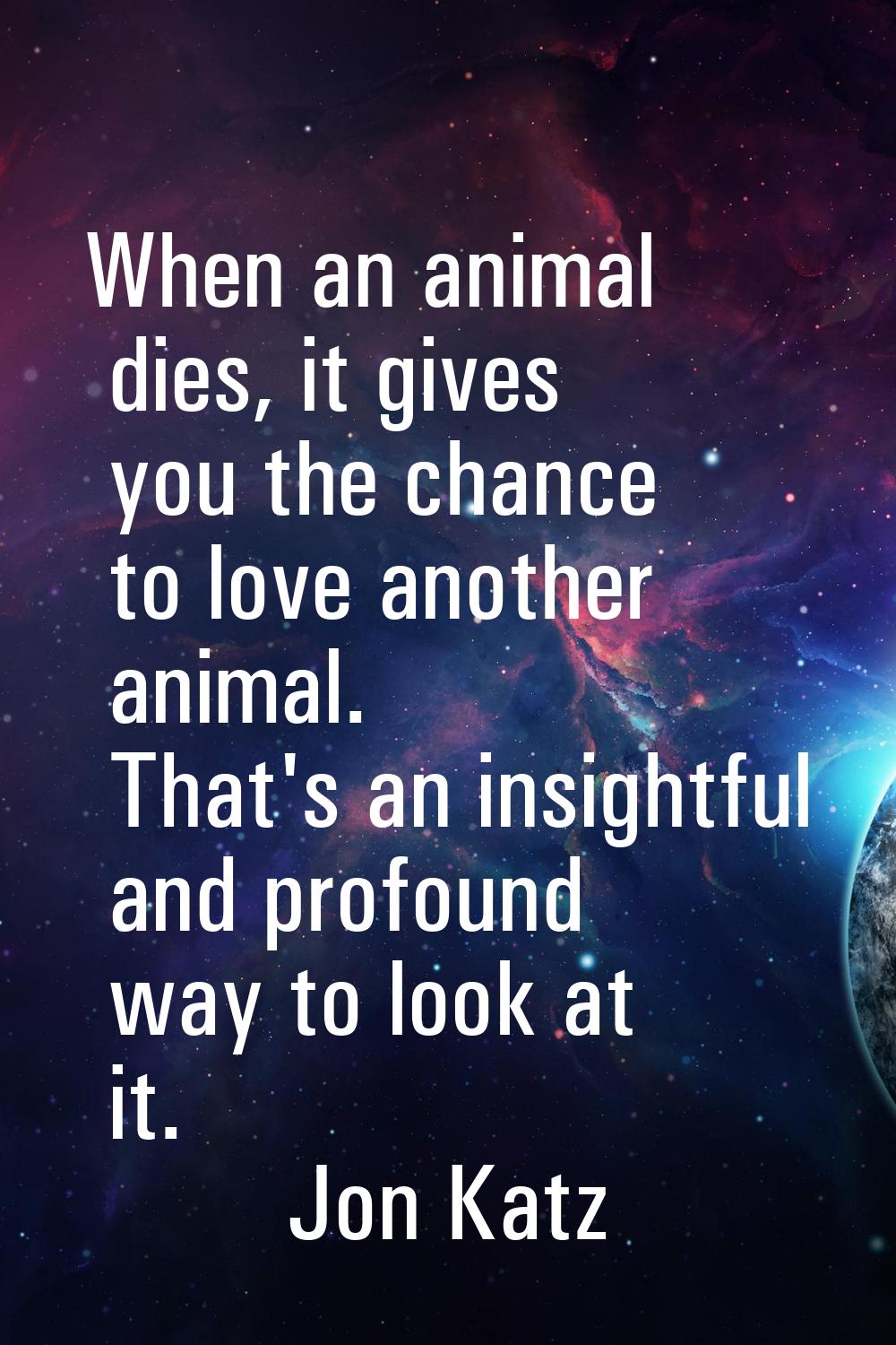 When an animal dies, it gives you the chance to love another animal. That's an insightful and profo
