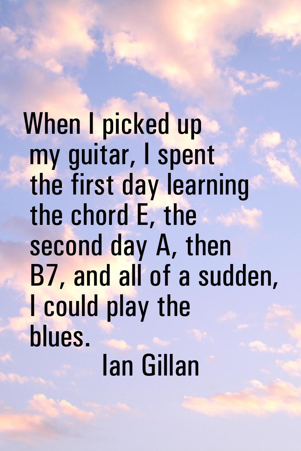 When I picked up my guitar, I spent the first day learning the chord E, the second day A, then B7, 
