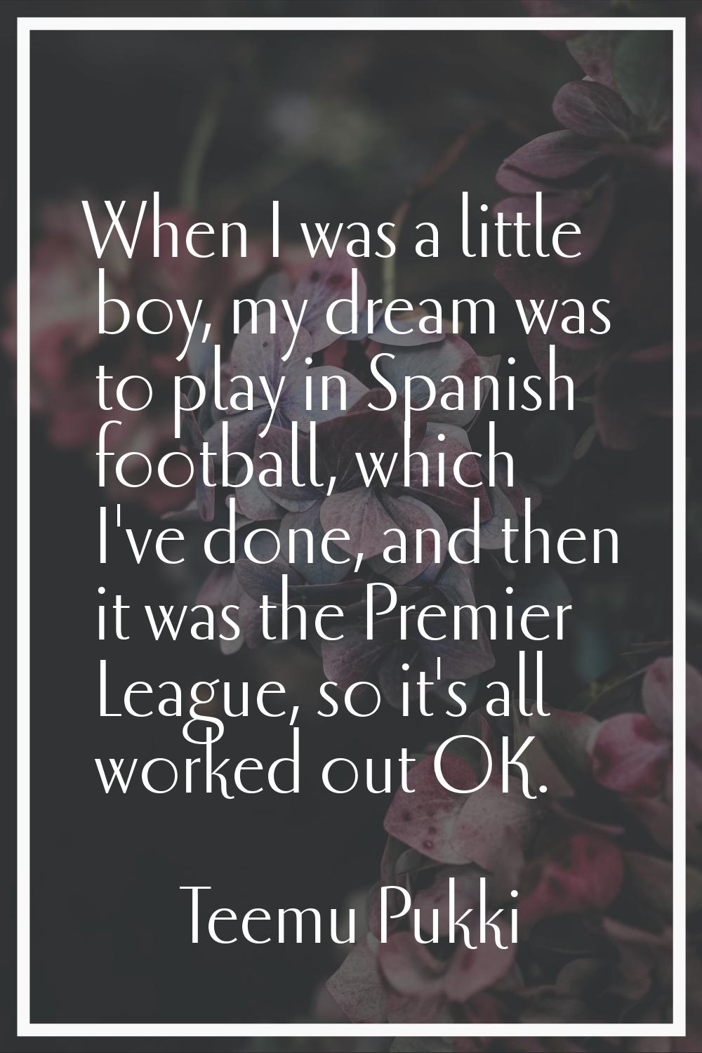 When I was a little boy, my dream was to play in Spanish football, which I've done, and then it was