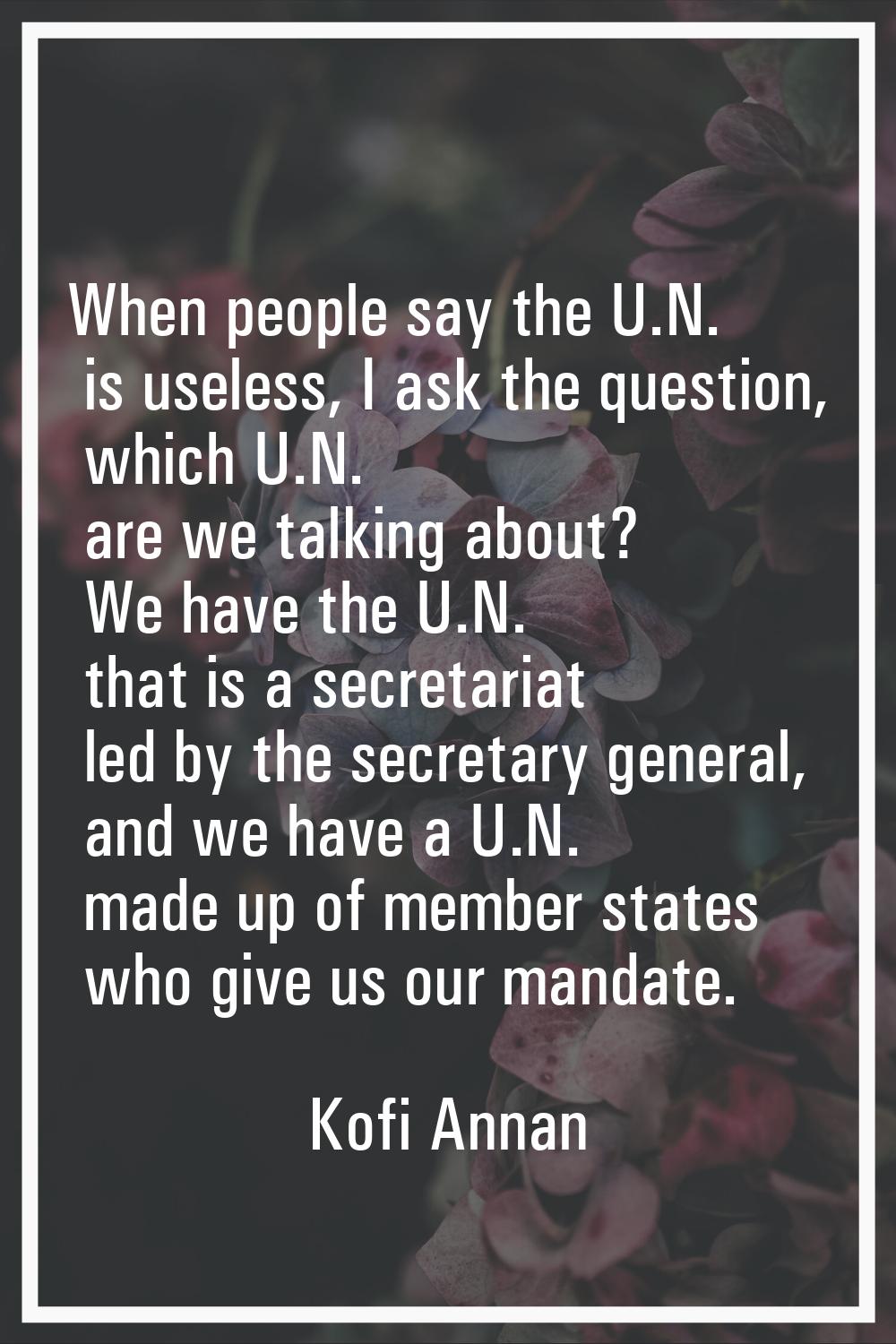 When people say the U.N. is useless, I ask the question, which U.N. are we talking about? We have t