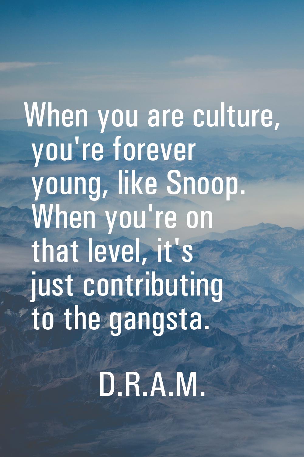 When you are culture, you're forever young, like Snoop. When you're on that level, it's just contri