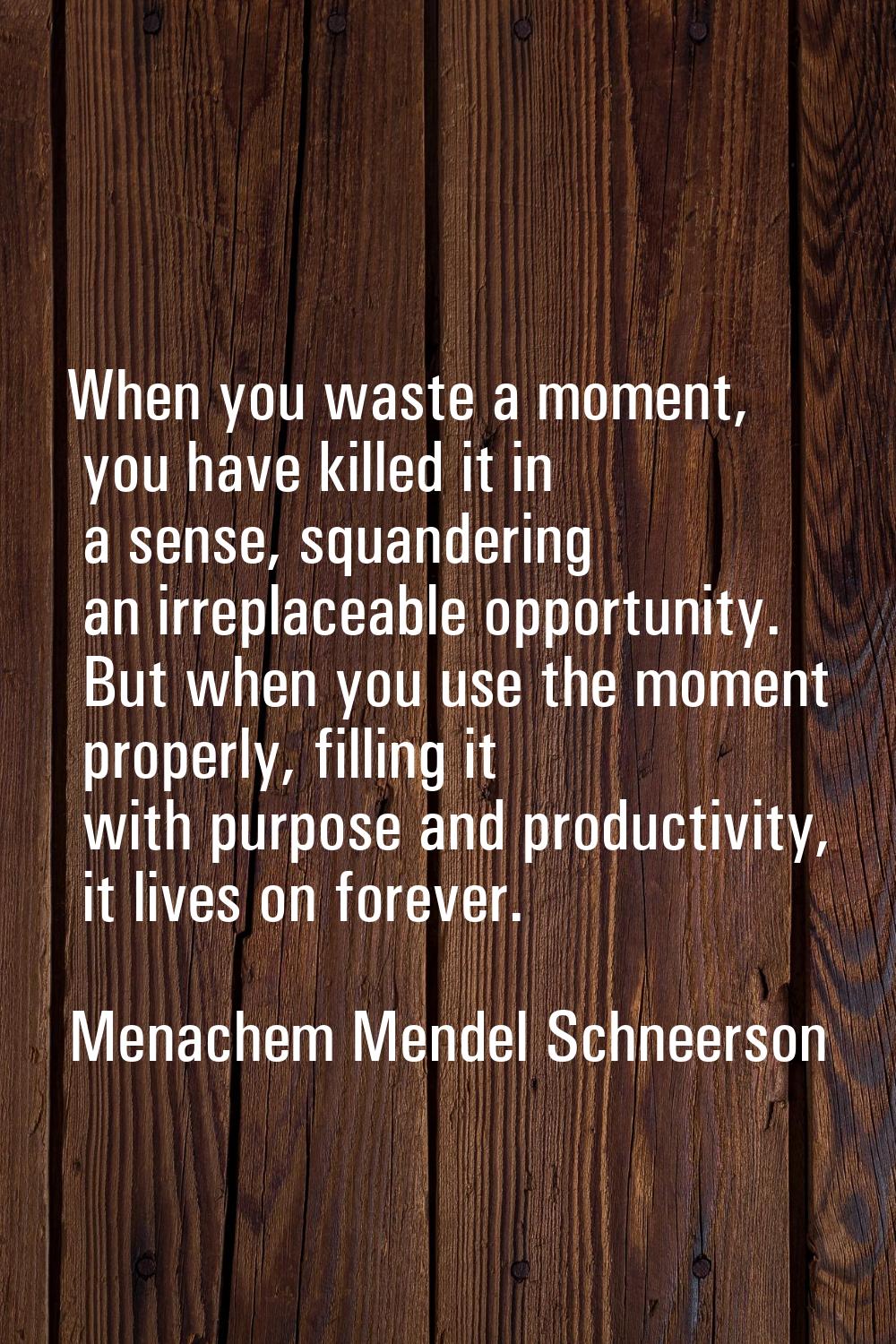 When you waste a moment, you have killed it in a sense, squandering an irreplaceable opportunity. B