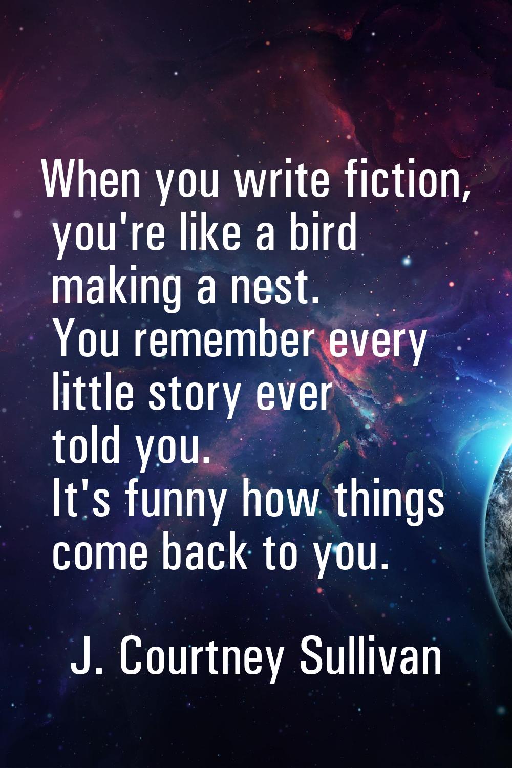 When you write fiction, you're like a bird making a nest. You remember every little story ever told