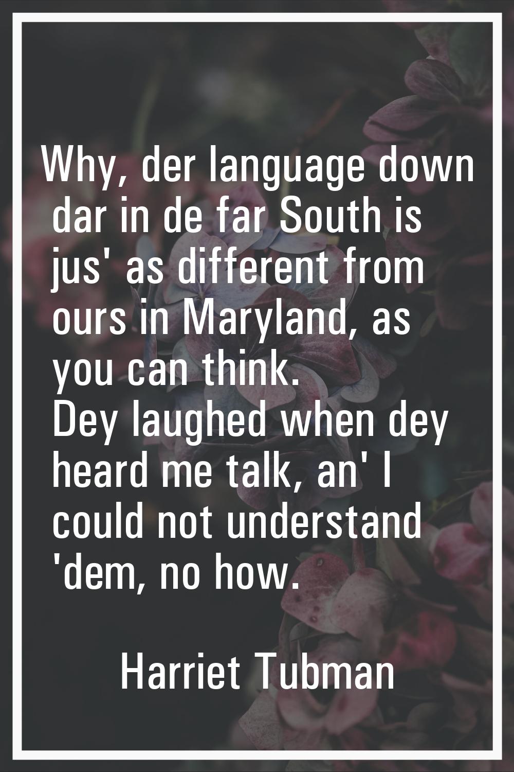 Why, der language down dar in de far South is jus' as different from ours in Maryland, as you can t