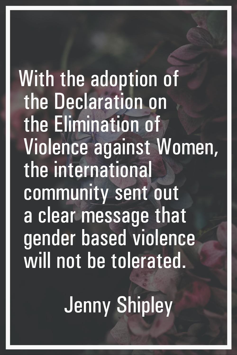 With the adoption of the Declaration on the Elimination of Violence against Women, the internationa