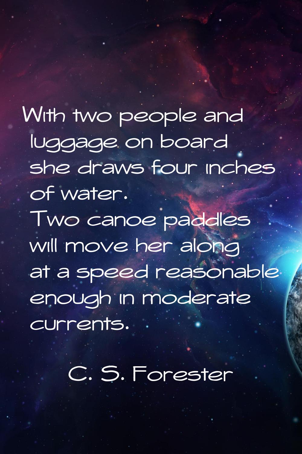 With two people and luggage on board she draws four inches of water. Two canoe paddles will move he