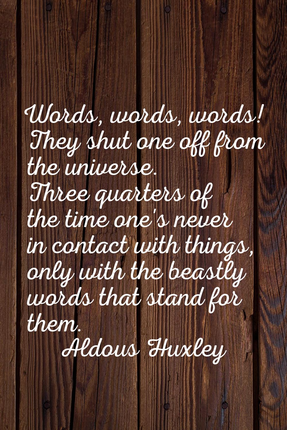 Words, words, words! They shut one off from the universe. Three quarters of the time one's never in
