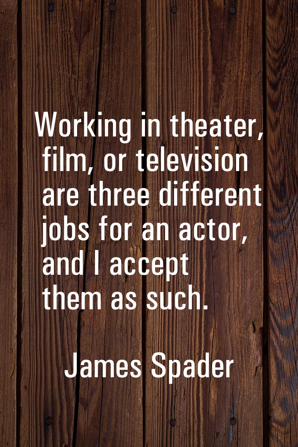 Working in theater, film, or television are three different jobs for an actor, and I accept them as