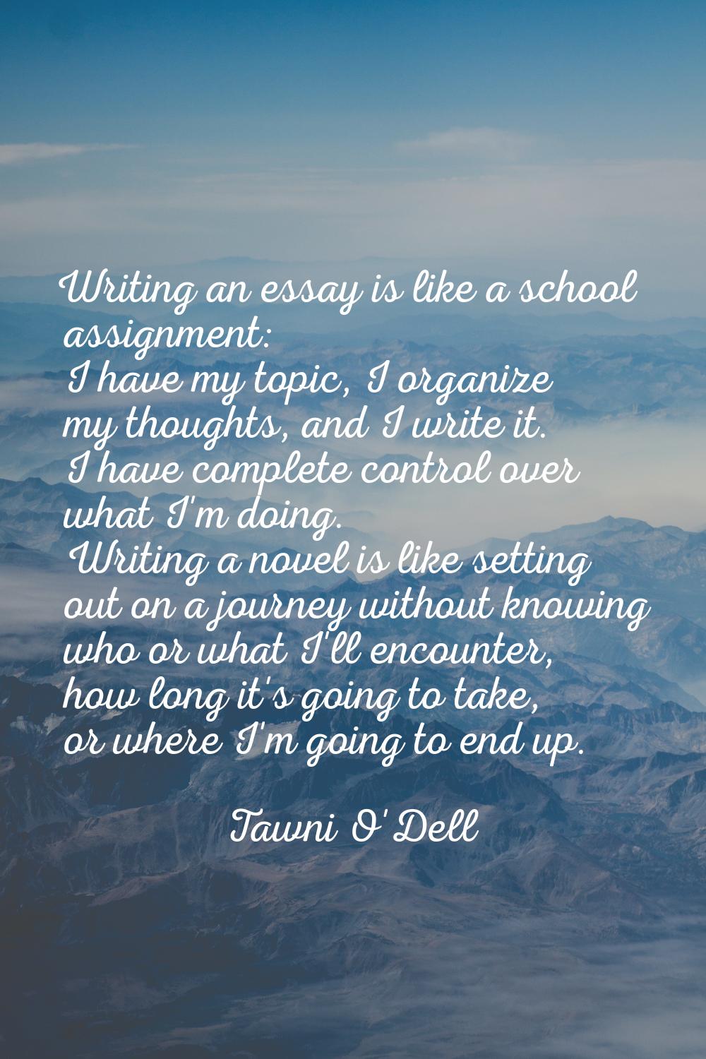 Writing an essay is like a school assignment: I have my topic, I organize my thoughts, and I write 