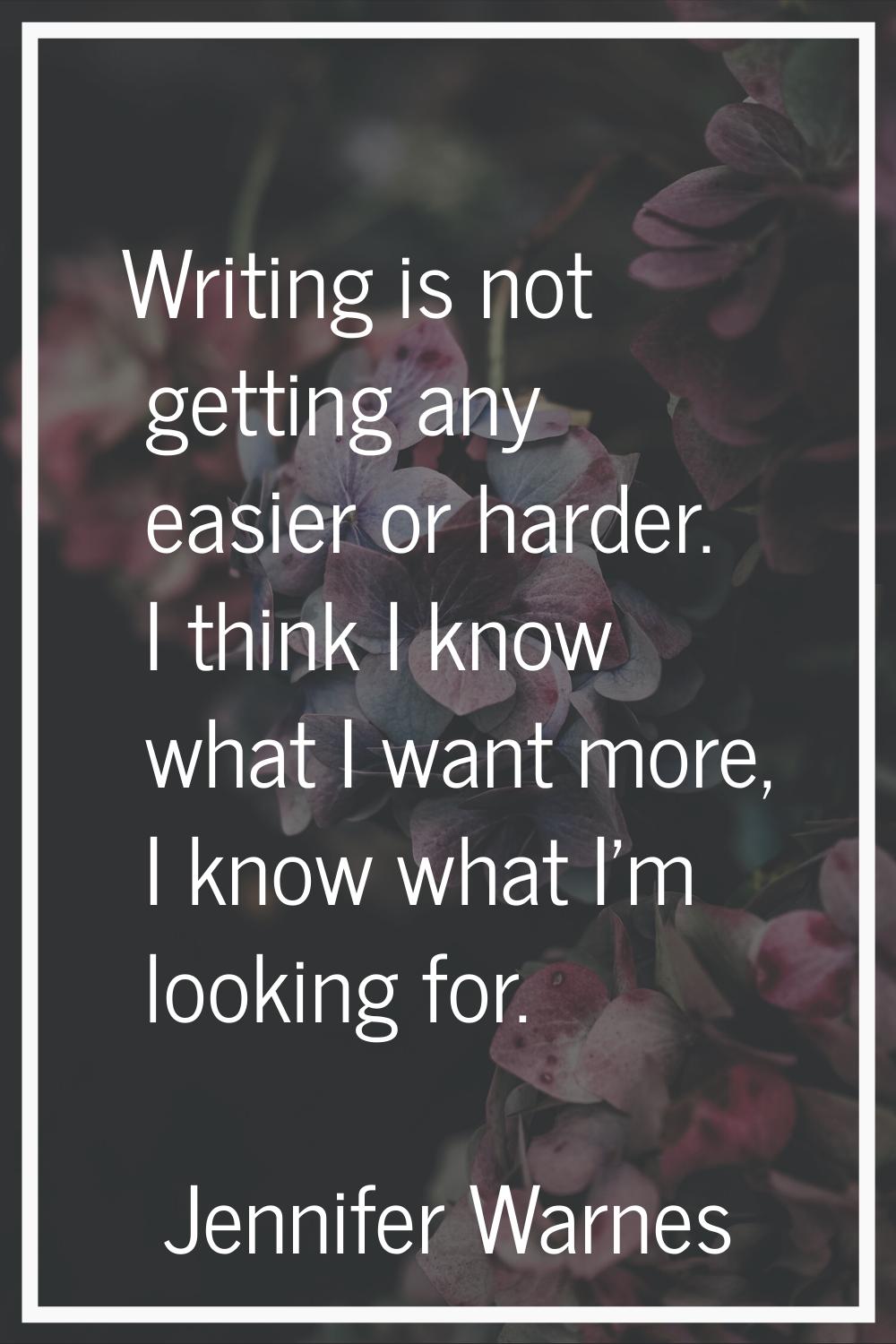 Writing is not getting any easier or harder. I think I know what I want more, I know what I'm looki