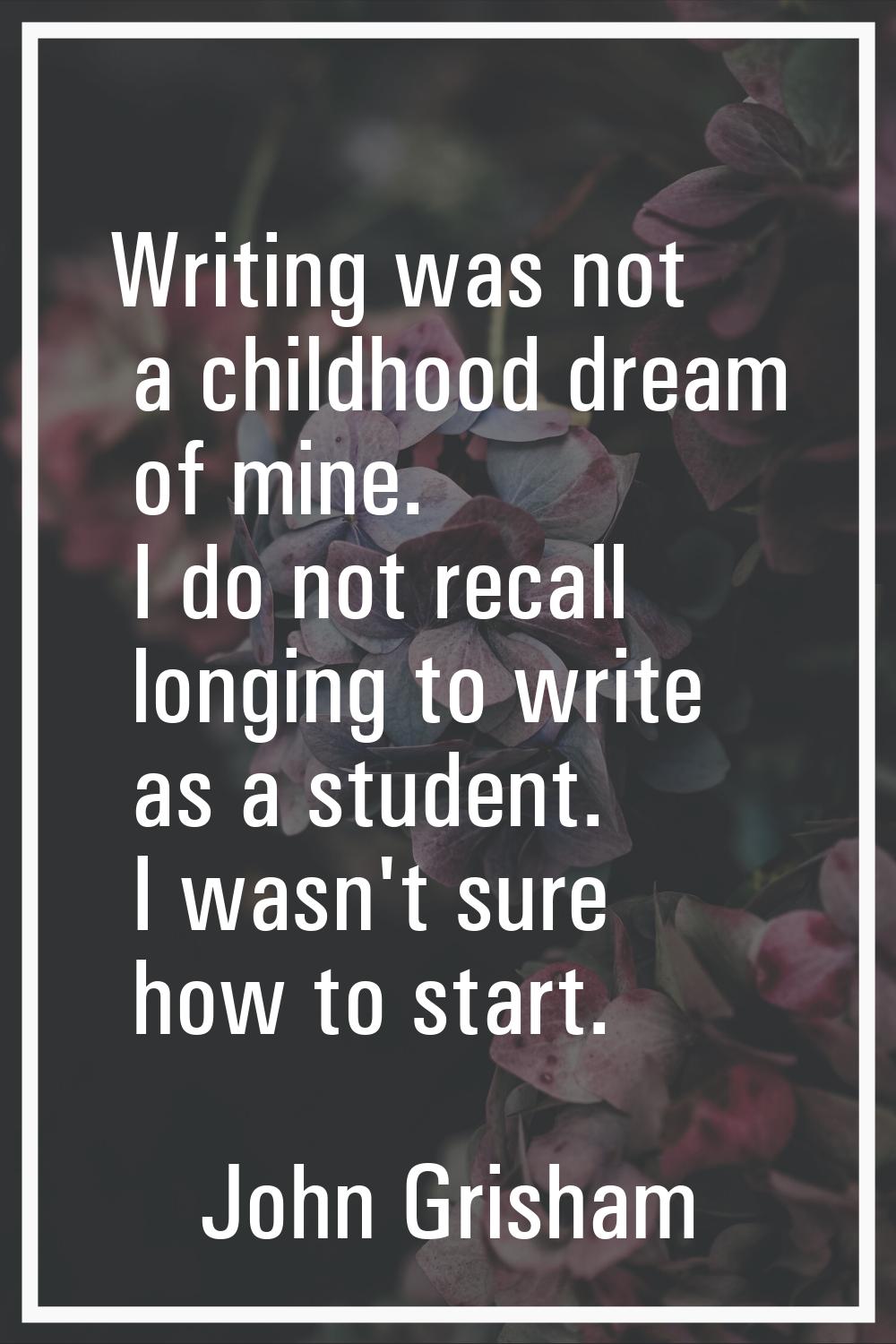 Writing was not a childhood dream of mine. I do not recall longing to write as a student. I wasn't 