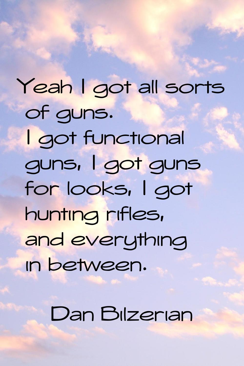 Yeah I got all sorts of guns. I got functional guns, I got guns for looks, I got hunting rifles, an