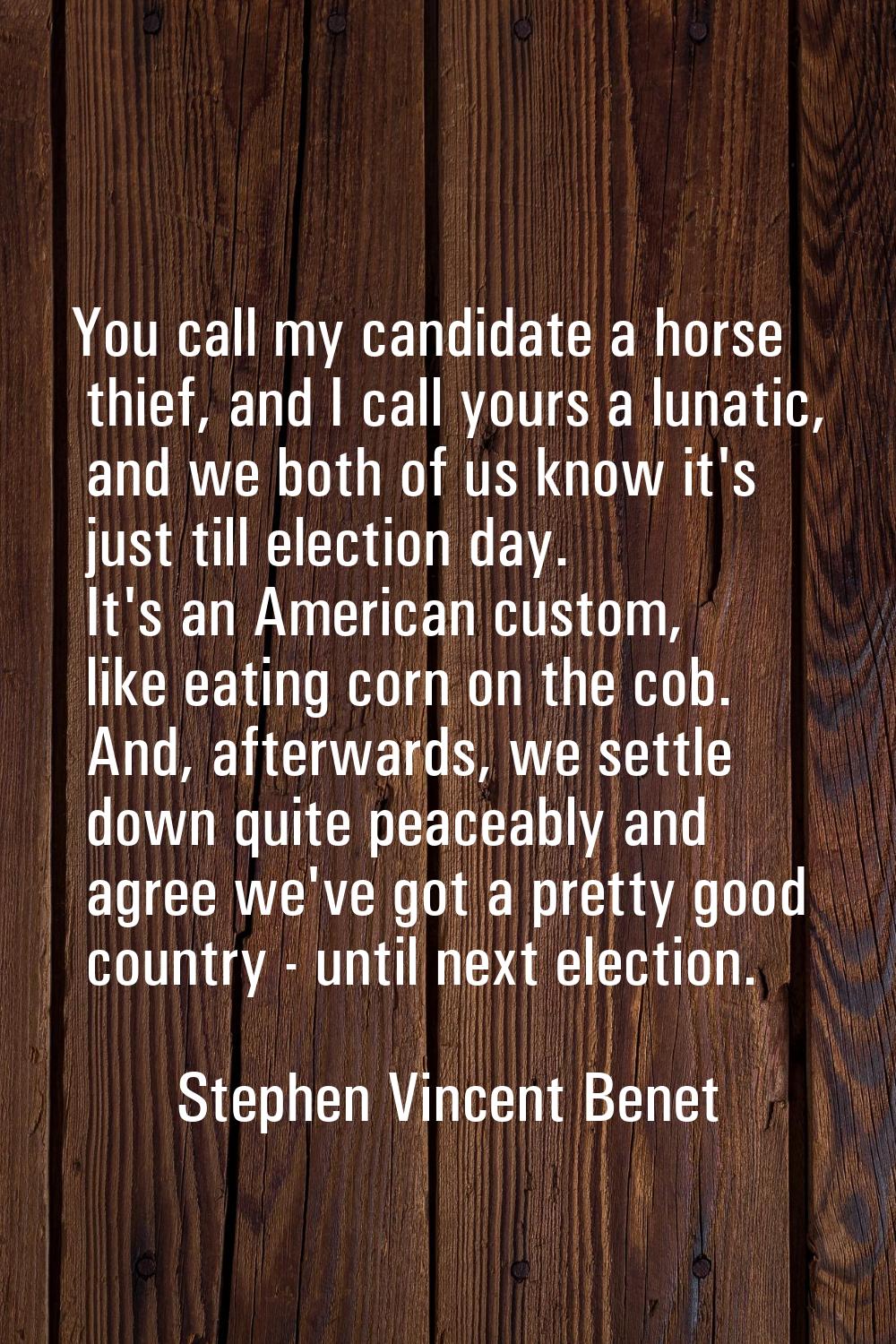You call my candidate a horse thief, and I call yours a lunatic, and we both of us know it's just t