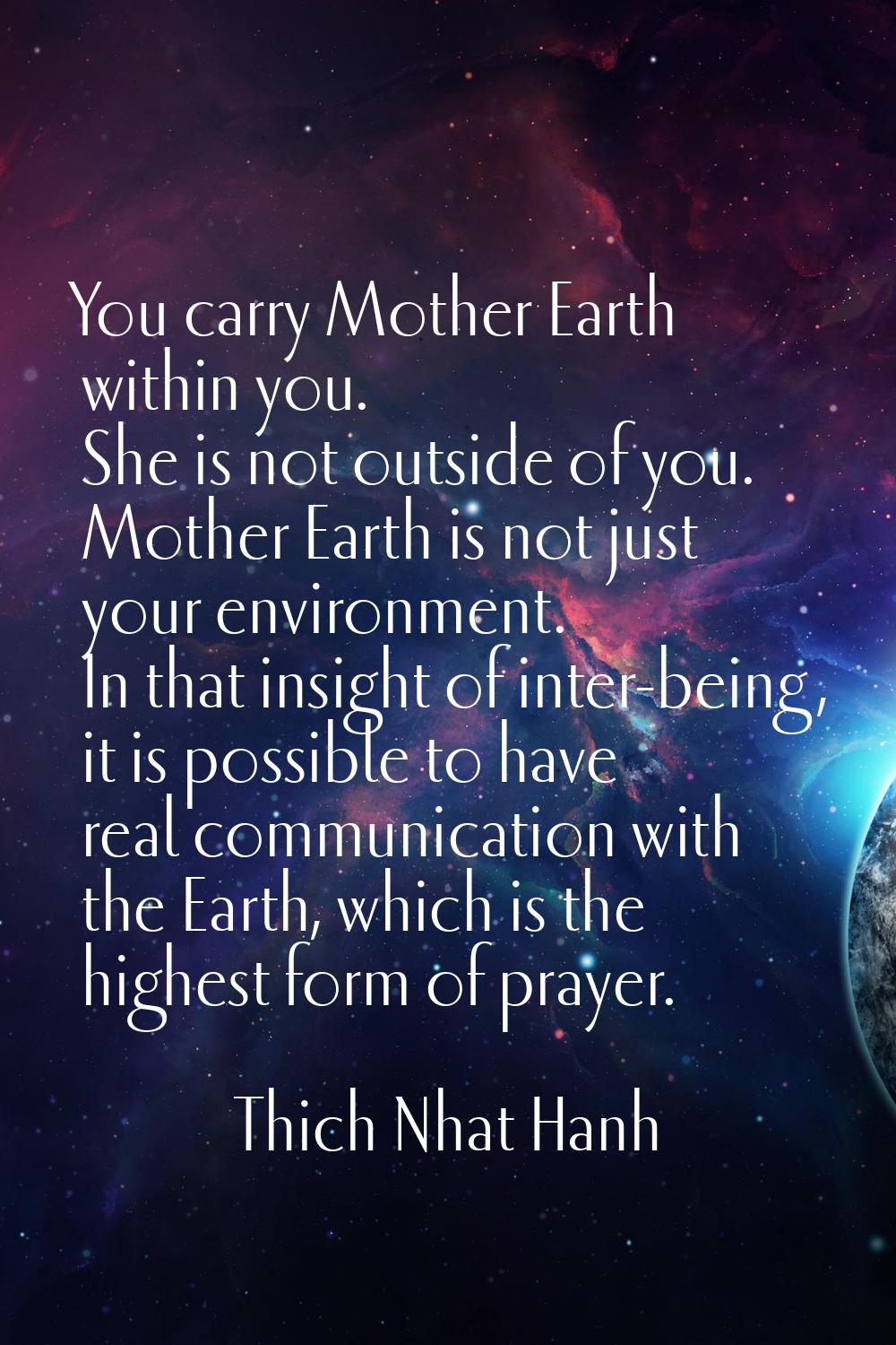 You carry Mother Earth within you. She is not outside of you. Mother Earth is not just your environ
